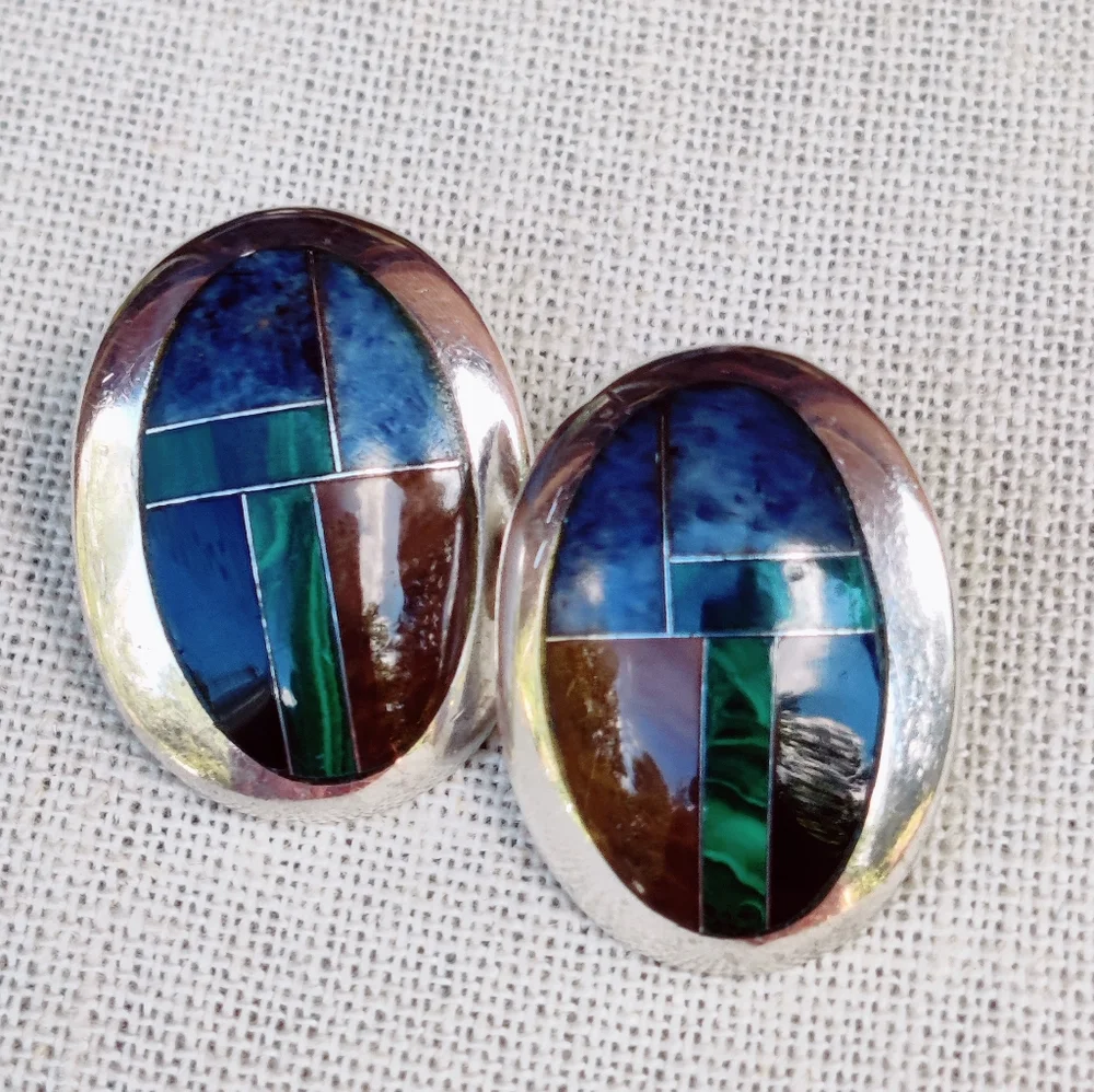 Vintage heavy 950 fine silver Mosaic taxco signed stone earrings - Picture 8 of 15